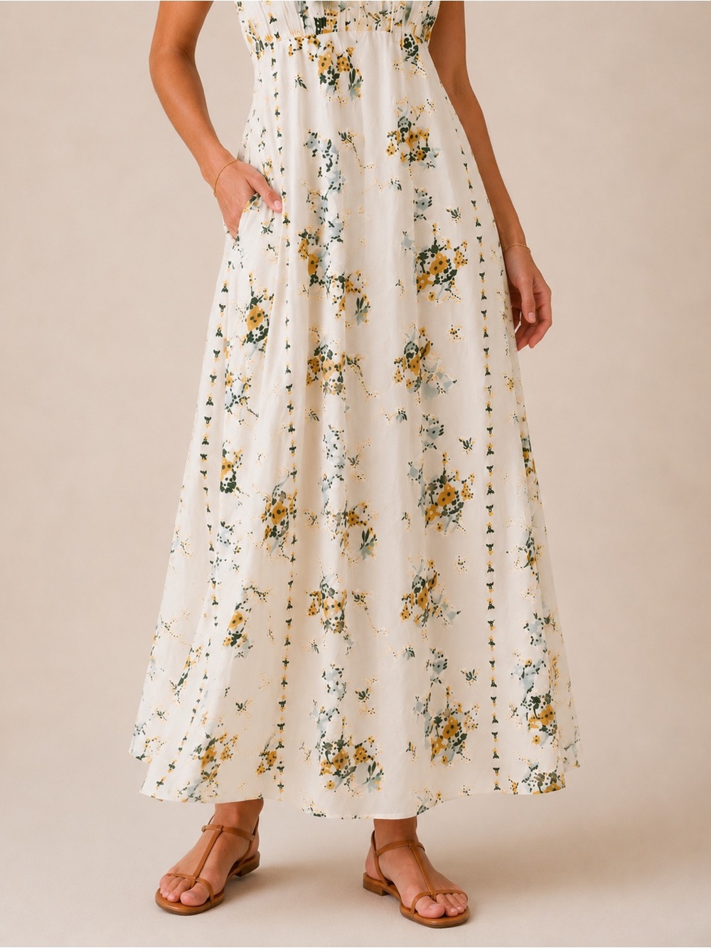 Caroline Constas Floral Boho Maxi Dress Ivory Yellow Cottagecore Smocked Bodice - Picture 3 of 15